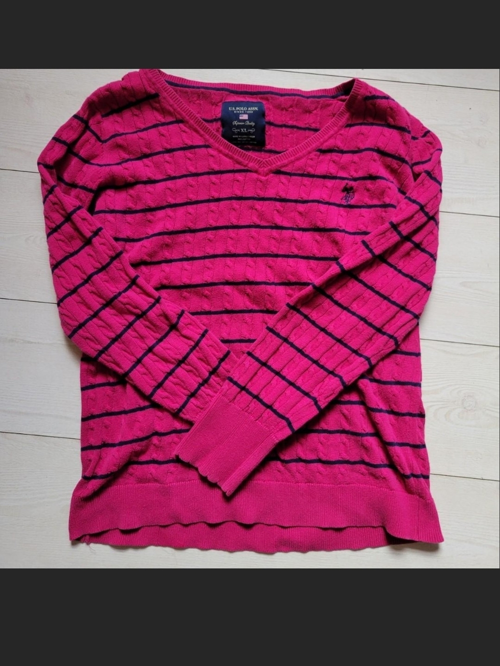 U.S. Polo Assn. Pink Striped V-Neck Cable Knit Sweater